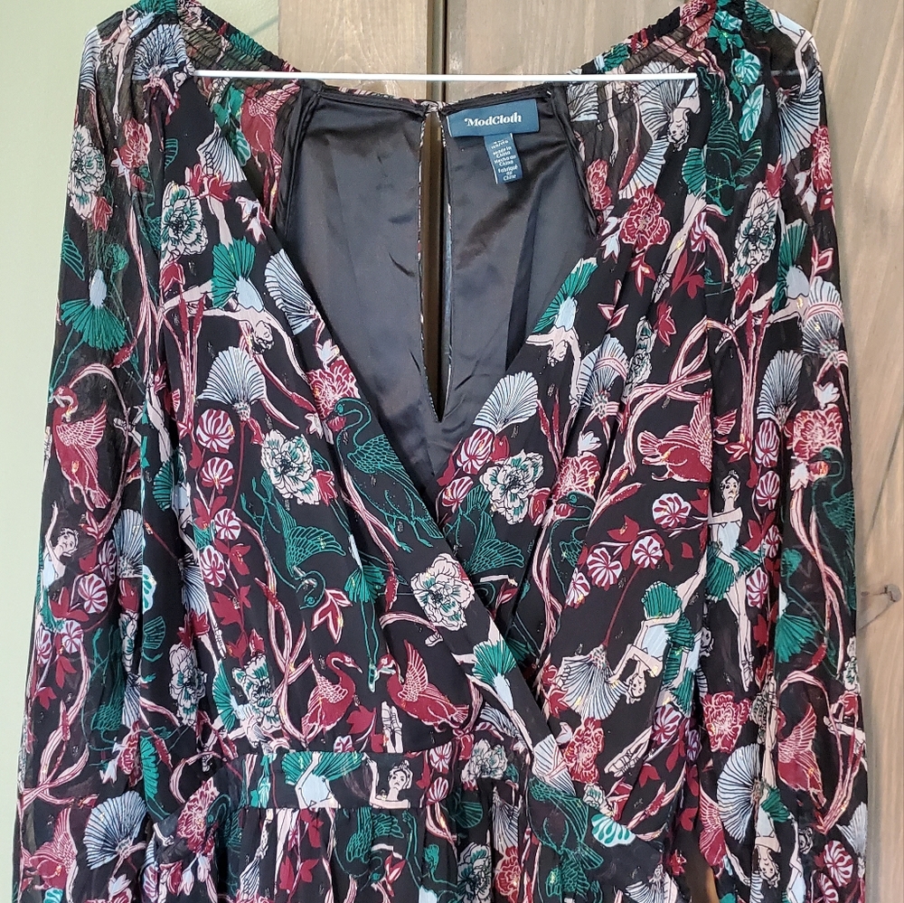 Modcloth | Retro Floral/Ballerina Print Surplice Neck Long Sleeved Dress